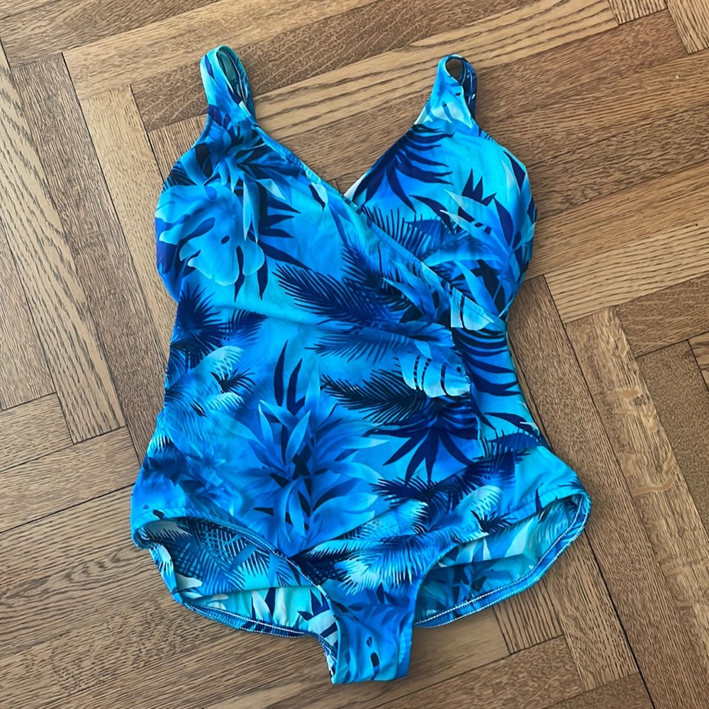 Classic by Jantzen tropical blue one piece bathing suit.